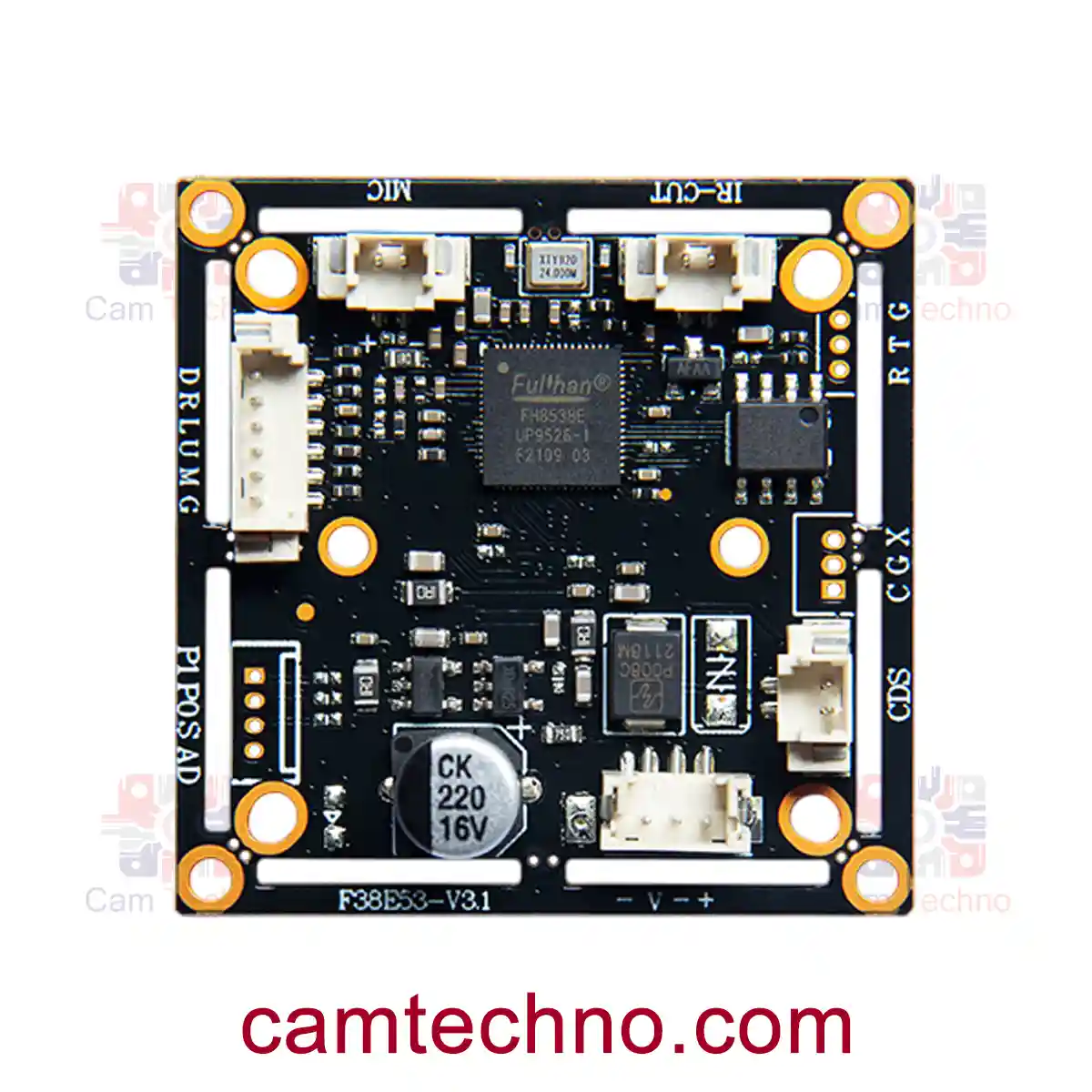نمای پشت برد AHD مدل GC4653 با پردازنده FH8538E، مناسب اتصال به لنز و تغذیه دوربین