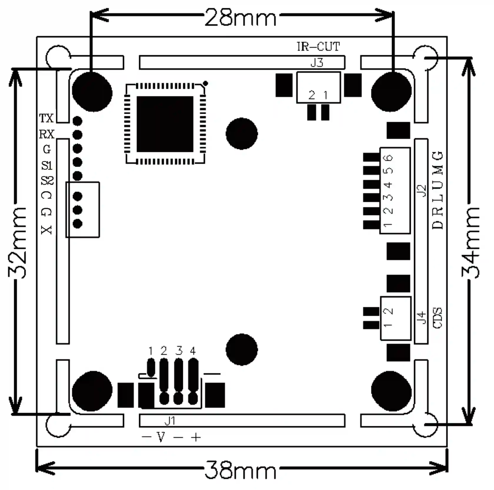نقشه ابعاد و اندازهگذاری دقیق برد دوربین F38K05-V1