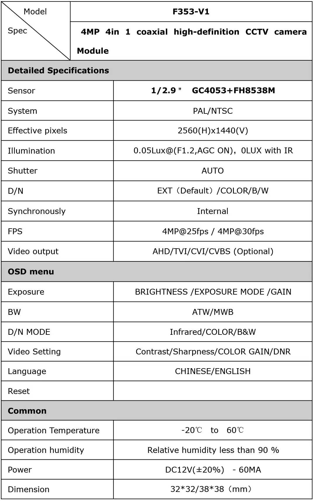 جدول مشخصات فنی برد دوربین ۴MP AHD مدل GC4053