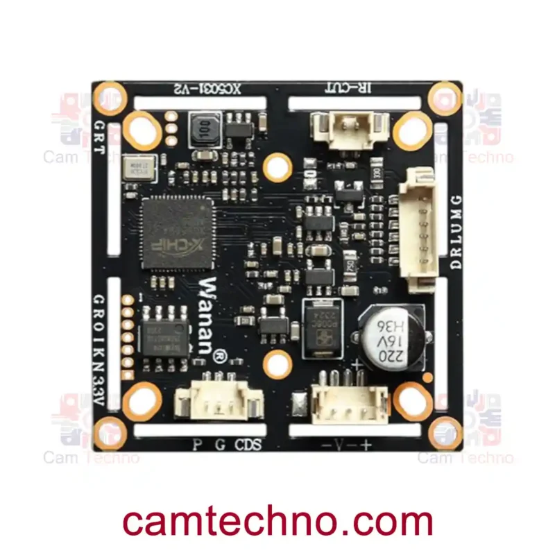 پشت برد دوربین 5 مگاپیکسل AHD مدل V21X شرکت HS با نمایش کانکتورها و اجزای الکترونیکی