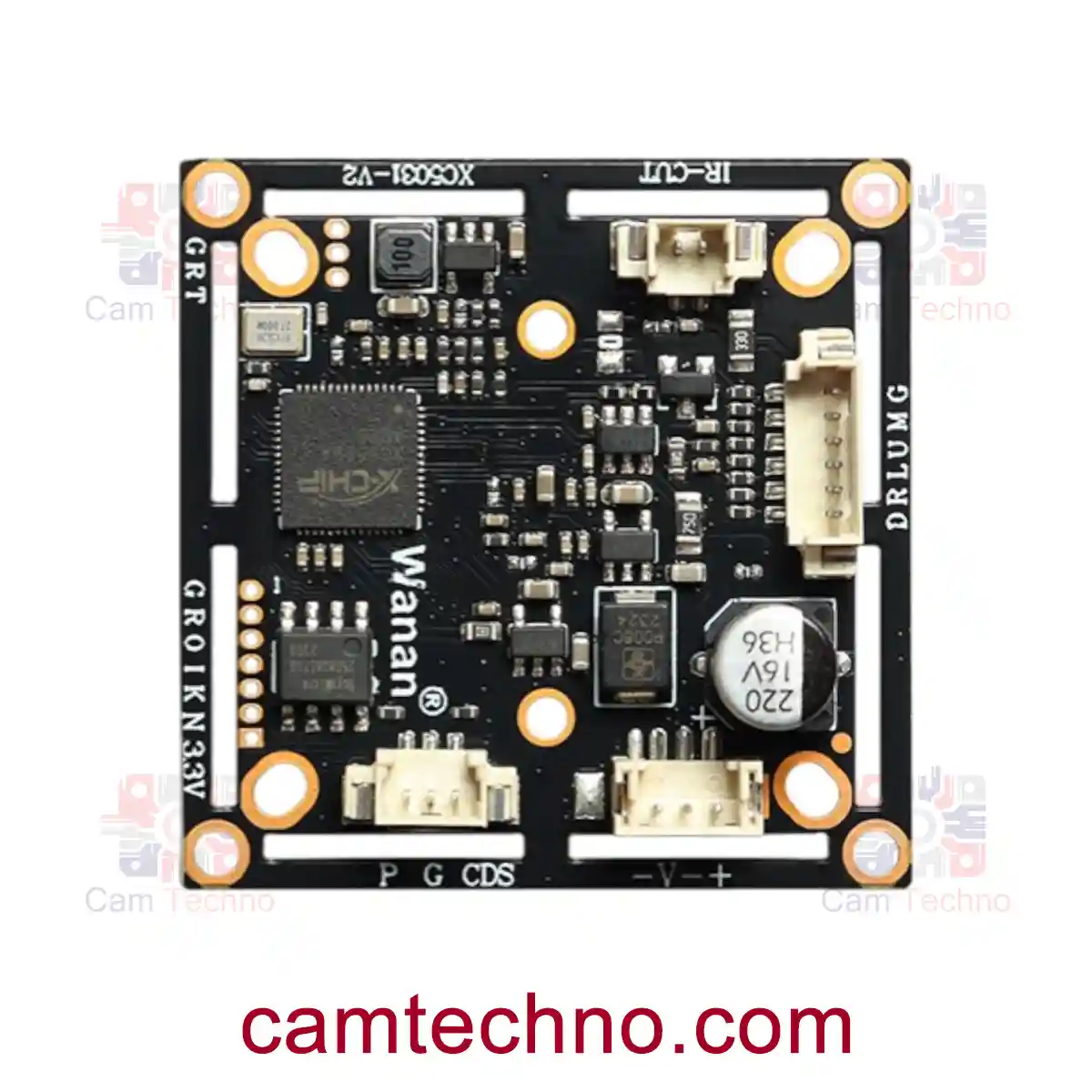 پشت برد دوربین 5 مگاپیکسل AHD مدل V21X شرکت HS با نمایش کانکتورها و اجزای الکترونیکی