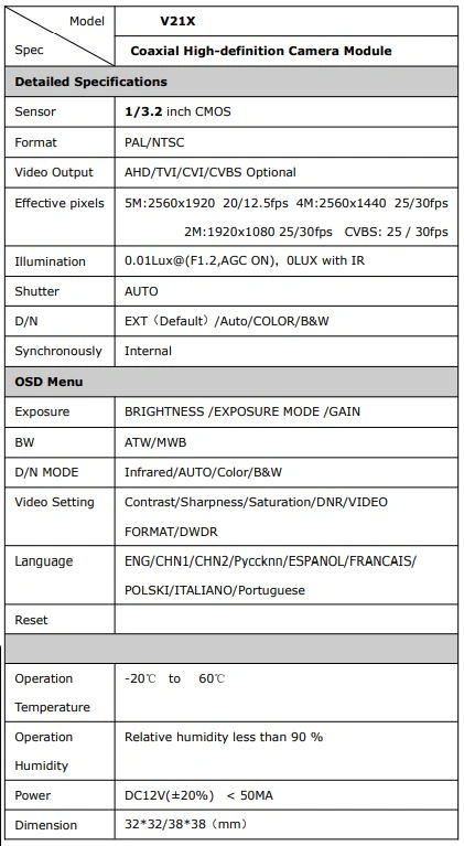 دیتاشیت کامل برد دوربین 5 مگاپیکسل AHD مدل V21X HS شامل مشخصات فنی سنسور و رزولوشن