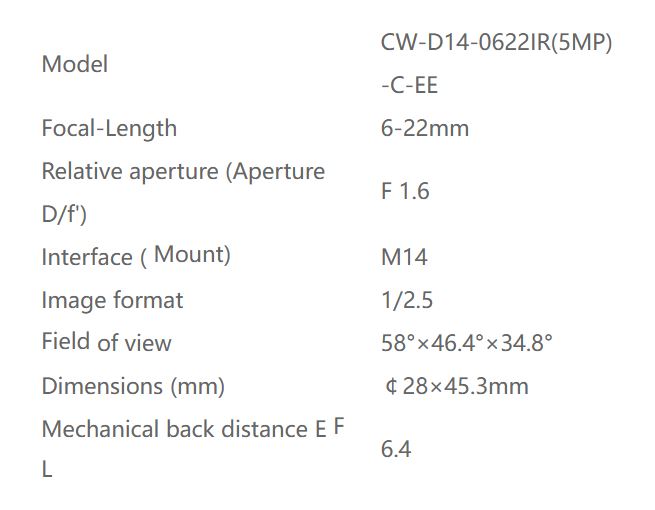 مشخصات فنی لنز موتورایز ۶-۲۲ میلی‌متر ۵ مگاپیکسل مدل CW-D14-0622IR