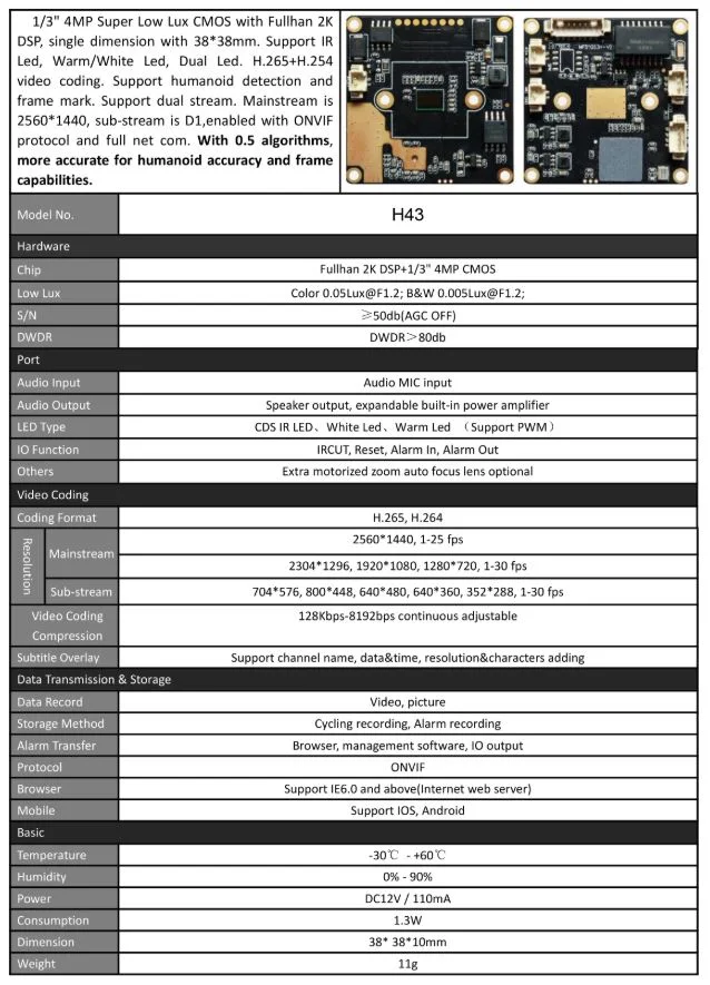 دیتاشیت کامل برد دوربین 4 مگاپیکسل IP مدل H43 فولهان HS شامل مشخصات فنی