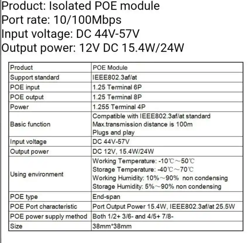جدول مشخصات فنی ماژول PoE ایزوله 12 ولت و 24 وات