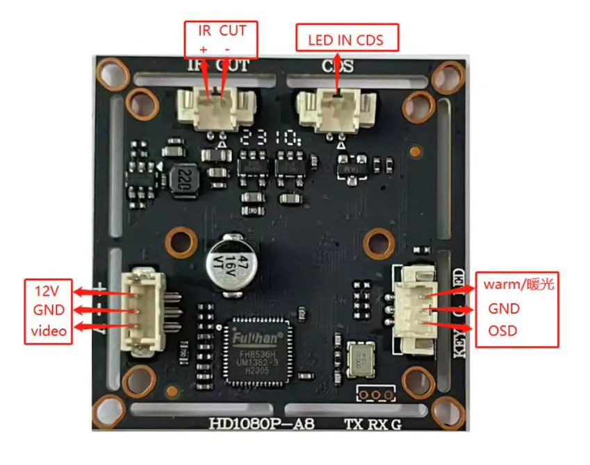 برد دوربین AHD مدل F38 دو مگاپیکسل با وارم لایت و IR light – پورتها و اتصالات