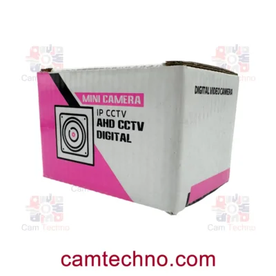 کارتن دوربین مداربسته پین‌هول سایز استاندارد – نمای سه‌ربع جعبه دوربین مینی با درج IP CCTV و AHD CCTV